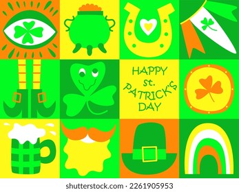 St Patrick's Day doodle poster. Trippy style. Fun Irish holiday celebration. Great for greeting card, invitation, print, t-shirts, background, festive decor. Trendy y2k retro hippie print. Flat vector