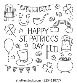 St. Patrick's day doodle set. Cooking elements. Beer mugs, clover, pot of gold, hat in sketch style.  Hand drawn vector illustration isolated on white background.