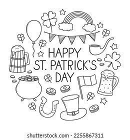 St. Patrick's day doodle set. Cooking elements. Beer mugs, clover, pot of gold, hat in sketch style.  Hand drawn vector illustration isolated on white background.