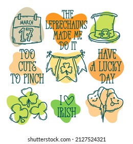 St. Patrick's Day doodle style hand-drawn icon set with simple engraving effect and lettering on an abstract blob shape. Cute Irish holiday symbols and elements collection.