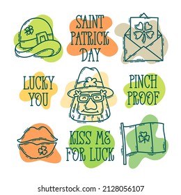 St. Patrick's Day doodle style hand-drawn icon set with simple engraving effect and lettering on an abstract blob shape. Cute Irish holiday symbols and elements collection.
