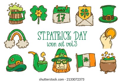 St. Patrick's Day doodle style colorful hand-drawn icon set with simple engraving effect, editable stroke width. Cute Irish holiday symbols and elements collection.