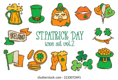 St. Patrick's Day doodle style colorful hand-drawn icon set with simple engraving effect, editable stroke width. Cute Irish holiday symbols and elements collection.