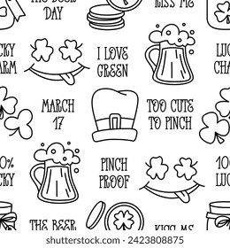 St Patricks day doodle style seamless pattern in black and white, hand-drawn icons and quotes background, cute Irish holiday symbols and elements collection. 