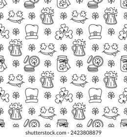 St Patricks day doodle style seamless pattern in black and white, hand-drawn icons background, cute Irish holiday symbols and elements collection.