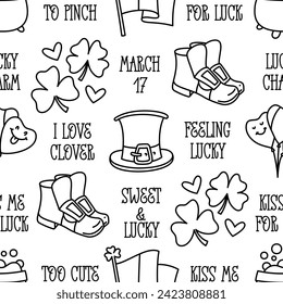 St Patricks day doodle style seamless pattern in black and white, hand-drawn icons and quotes background, cute Irish holiday symbols and elements collection. 