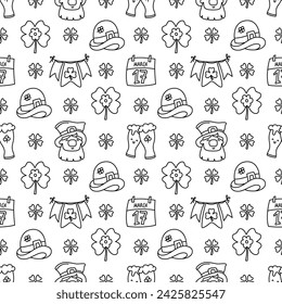 St Patricks day doodle style seamless pattern in black and white, hand-drawn icons background, cute Irish holiday symbols and elements collection.