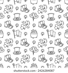 St Patricks day doodle style seamless pattern in black and white, hand-drawn icons background, cute Irish holiday symbols and elements collection.
