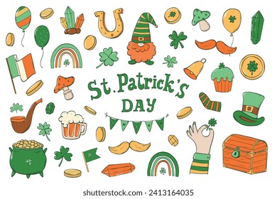 St. Patrick's Day-Doodles-Kollektion, handgezeichnete Cartoon-Dekorationselemente für Aufkleber, Drucke, Karten, Sublimierung, Poster usw. EPS10