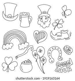 St Patrick's Day doodles set, outline illustrations of festive Irish symbols for design and creativity