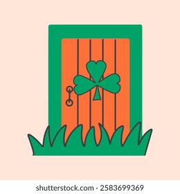 St. Patrick's Day. The door is decorated with a lucky shamrock. Vector hand draw illustration