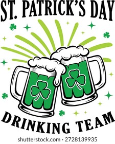St. Patrick's Day Drinking Team com canecas de cerveja e trevos, ilustração vetorial para t-shirts, canecas, cartazes, artesanato e download digital.