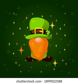 St Patricks day. A dwarf wearing a green hat. Dwarf cartoon, flat illustration.