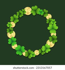 St. Patrick's Day, elegant round frame with shamrock leaves and gold coins isolated on white background. Postcard, banner, poster, vector	