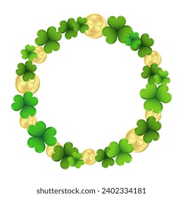 St. Patrick's Day, elegant round frame with shamrock leaves and gold coins isolated on white background. Postcard, banner, poster, vector