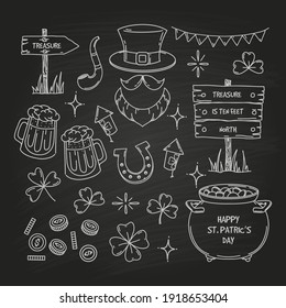 St. Patrick's Day element collection, doodle style blackboard background