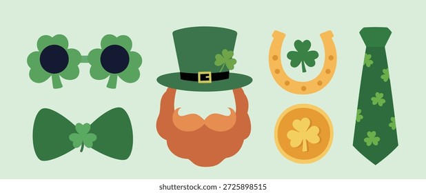 St. Patrick's Day element collection.
Includes clover, coins, horseshoe,  leprechaun hat, mustache, party glasses, tie, and  bow tie.
St patrick day photo booth and party stickers.
Flat vector illustration.
