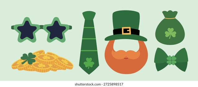 Colección de elementos del Día de San Patricio.
Incluye trébol, pila de monedas, sombrero de duende, bigote, gafas de fiesta, corbata, pajarita y una bolsa de dinero.
Cabina de fotos del día de San Patricio y pegatinas de fiesta.
Ilustración vectorial plana.
