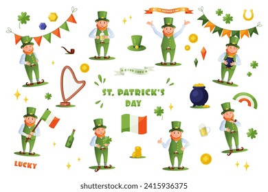 St Patricks day element set. Leprechaun, beer, ale, rainbow, gold coins, pot of gold, garland, flag of Ireland, shamrock, clover. Cartoon style vector illustration set.