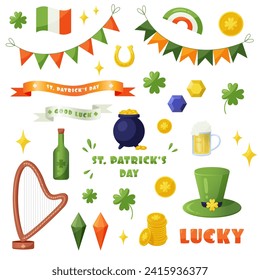 St Patricks day element set. Shamrock, beer, ale, rainbow, gold coins, pot of gold, garland, flag of Ireland, clover, typography. Cartoon style sticker set.