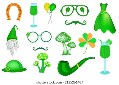 St Patrick's Day element vector set. Saint Patricks smoking pipe, horseshoe, eyeglass, clover, Green hat, mashroom, Beerglass, GNome, and balloon vector