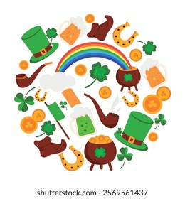 St. Patrick's Day elements in circle. Vector flat illustration of colorful St. Patrick's Day icons.