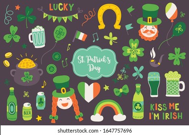 St. Patrick's Day elements - clover, beer, pot with gold, rainbow, coin, bow, balloon, horseshoe, notes, flag, heart, Irish man and woman, smoking pipe, serpentine, star. Perfect for holiday greetings