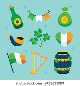 St. Patrick's Day elements. Happy Saint Patrick's Day background. March 17. Cartoon Vector illustration elements for Poster, Banner, Flyer, Greeting, Card, Cover, Post, Invitation. Ireland Feast day.