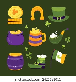 St. Patrick's Day elements. Happy Saint Patrick's Day background. March 17. Cartoon Vector illustration elements for Poster, Banner, Flyer, Greeting, Card, Cover, Post, Invitation. Ireland Feast day.