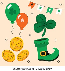 St. Patrick's Day elements. Happy Saint Patrick's Day background. March 17. Cartoon Vector illustration elements for Poster, Banner, Flyer, Greeting, Card, Cover, Post, Invitation. Ireland Feast day.