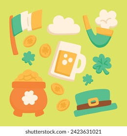 St. Patrick's Day elements. Happy Saint Patrick's Day background. March 17. Cartoon Vector illustration elements for Poster, Banner, Flyer, Greeting, Card, Cover, Post, Invitation. Ireland Feast day.