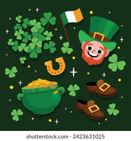 St. Patrick's Day elements. Happy Saint Patrick's Day background. March 17. Cartoon Vector illustration elements for Poster, Banner, Flyer, Greeting, Card, Cover, Post, Invitation. Ireland Feast day.