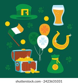 St. Patrick's Day elements. Happy Saint Patrick's Day background. March 17. Cartoon Vector illustration elements for Poster, Banner, Flyer, Greeting, Card, Cover, Post, Invitation. Ireland Feast day.