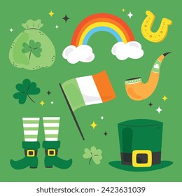 St. Patrick's Day elements. Happy Saint Patrick's Day background. March 17. Cartoon Vector illustration elements for Poster, Banner, Flyer, Greeting, Card, Cover, Post, Invitation. Ireland Feast day.