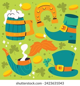 St. Patrick's Day elements. Happy Saint Patrick's Day background. March 17. Cartoon Vector illustration elements for Poster, Banner, Flyer, Greeting, Card, Cover, Post, Invitation. Ireland Feast day.