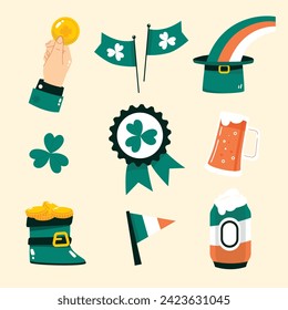 St. Patrick's Day elements. Happy Saint Patrick's Day background. March 17. Cartoon Vector illustration elements for Poster, Banner, Flyer, Greeting, Card, Cover, Post, Invitation. Ireland Feast day.
