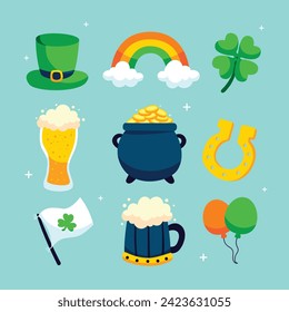 St. Patrick's Day elements. Happy Saint Patrick's Day background. March 17. Cartoon Vector illustration elements for Poster, Banner, Flyer, Greeting, Card, Cover, Post, Invitation. Ireland Feast day.