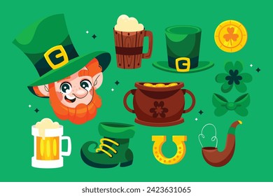 St. Patrick's Day elements. Happy Saint Patrick's Day background. March 17. Cartoon Vector illustration elements for Poster, Banner, Flyer, Greeting, Card, Cover, Post, Invitation. Ireland Feast day.