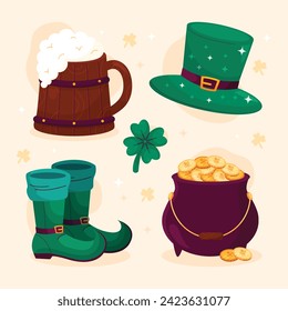 St. Patrick's Day elements. Happy Saint Patrick's Day background. March 17. Cartoon Vector illustration elements for Poster, Banner, Flyer, Greeting, Card, Cover, Post, Invitation. Ireland Feast day.