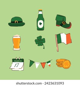 St. Patrick's Day elements. Happy Saint Patrick's Day background. March 17. Cartoon Vector illustration elements for Poster, Banner, Flyer, Greeting, Card, Cover, Post, Invitation. Ireland Feast day.
