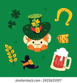 St. Patrick's Day elements. Happy Saint Patrick's Day background. March 17. Cartoon Vector illustration elements for Poster, Banner, Flyer, Greeting, Card, Cover, Post, Invitation. Ireland Feast day.