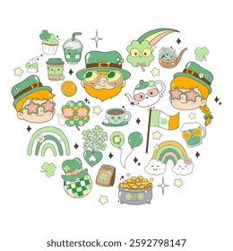 St. Patrick's Day Elements for retro design. Hats, Groovy Leprechaun, glasses of beer, pots with gold, horseshoes and coins. St Patricks Day t-shirt Design Vector