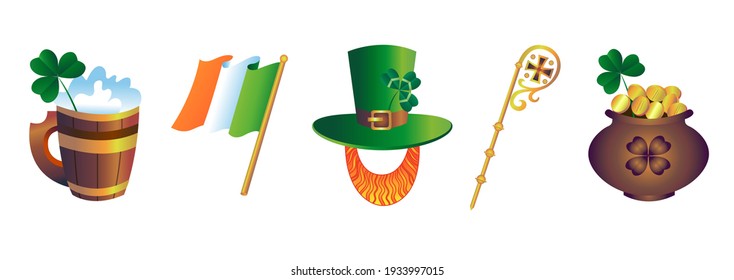 St. Patrick's Day elements set for graphic and web design.Clover, Irish flag. St. Patrick's staff, St. Patrick's hat, coin pot, beer mug.
