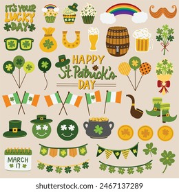 St. Patrick's Day elements set. Balloons, clover leaves, Ireland, Irish flags, leprechaun boots, lucky day, pot of gold coins, rainbow, shamrock. Hand drawn vector illustrations.