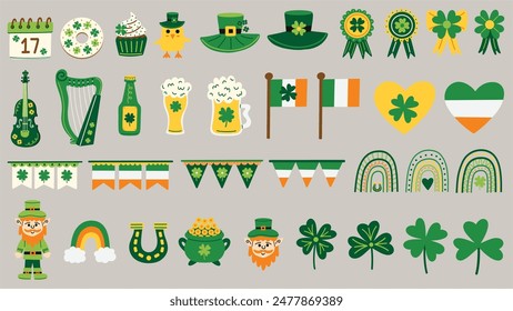 Conjunto de Elementos del Día de San Patricio. Anuncios, buntings, hojas de trébol, Irlanda, banderas irlandesas, duende, herradura, día de suerte, olla de monedas de oro, arco iris, trébol. Ilustraciones vectoriales dibujadas a mano.