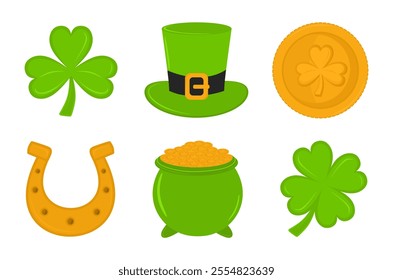 St. Patrick's Day elements. Set of good luck icons. Clover, leprechaun hat, gold coin, horseshoe and pot of money in cartoon style isolated on white background. Colored flat vector illustration