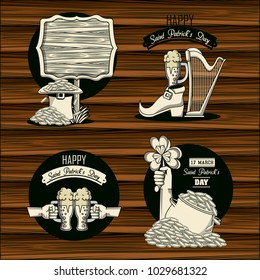 St patricks day emblems on wooden background
