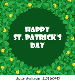 St. Patrick's Day empty template. Shamrock backround. Irish national celebration. Clover leaf frame with gold coins. Vector illustration