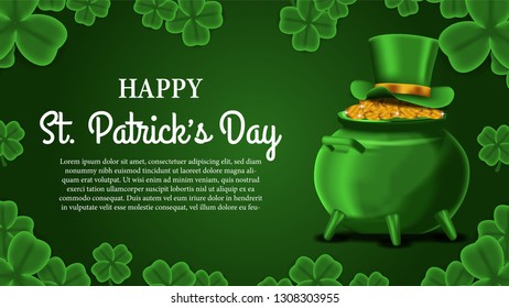 St. Patrick's day event banner template with 3D illustration of pot of gold coin and hat