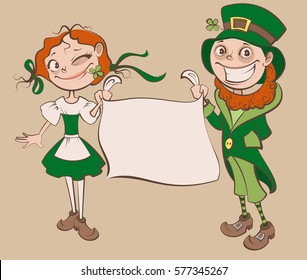 St. Patricks Day Festival. Young woman and man holding banner. Fun vector cartoon illustration